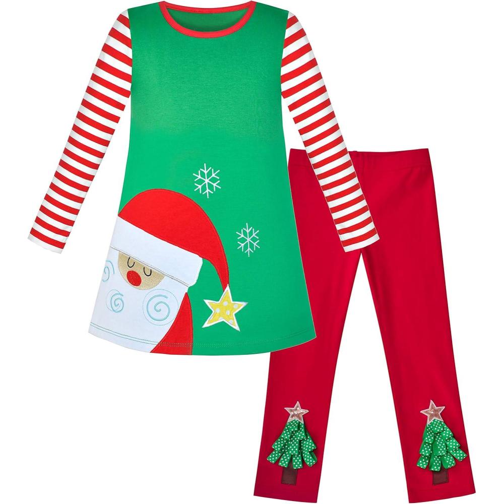 imageSunny Fashion Girls Outfit Set 2 Piece Cotton Heart Casual Dresss Top PantsSanta Snowflakes