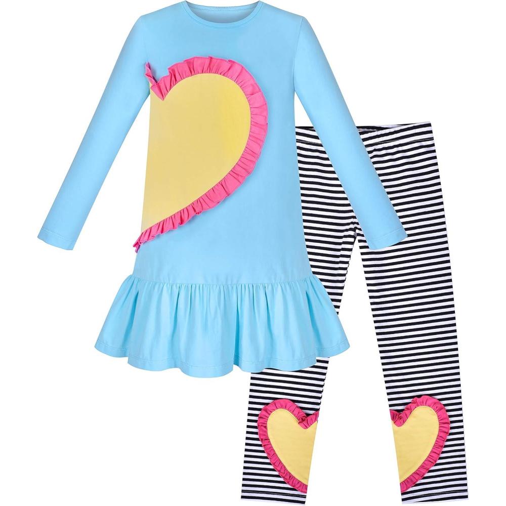 imageSunny Fashion Girls Outfit Set 2 Piece Cotton Heart Casual Dresss Top PantsSky Blue