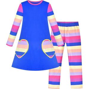 Sunny Fashion Girls Outfit Set 2 Piece Cotton Heart Casual Dresss Top Pants(Blue Heart)