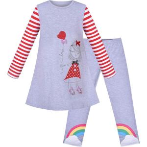 Sunny Fashion Girls Outfit Set 2 Piece Cotton Heart Casual Dresss Top Pants(Gray Rainbow)