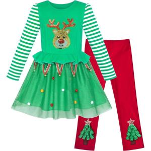 Sunny Fashion Girls Outfit Set 2 Piece Cotton Heart Casual Dresss Top Pants(Green Reindeer)