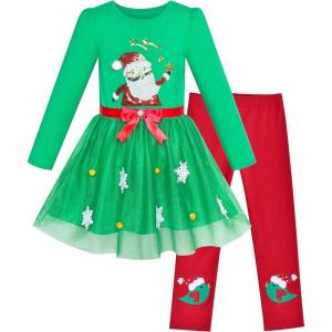 Sunny Fashion Girls Outfit Set 2 Piece Cotton Heart Casual Dresss Top Pants(Green Santa)