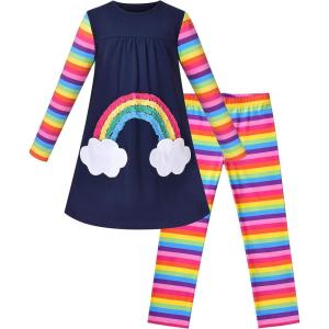 Sunny Fashion Girls Outfit Set 2 Piece Cotton Heart Casual Dresss Top Pants(Rainbow Cloud)