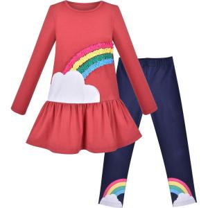 Sunny Fashion Girls Outfit Set 2 Piece Cotton Heart Casual Dresss Top Pants(Red Rainbow)