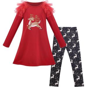 Sunny Fashion Girls Outfit Set 2 Piece Cotton Heart Casual Dresss Top Pants(Red Reindeer)