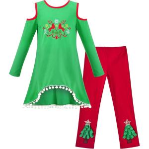 Sunny Fashion Girls Outfit Set 2 Piece Cotton Heart Casual Dresss Top Pants(Red Tree)