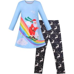 Sunny Fashion Girls Outfit Set 2 Piece Cotton Heart Casual Dresss Top Pants(Santa Ski)
